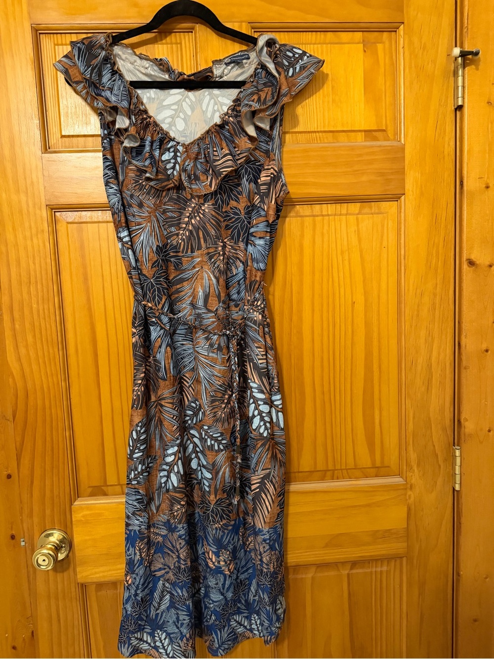 Democracy Ruffled V-Neck Midi Dress in Blue and Brown Leaf Print